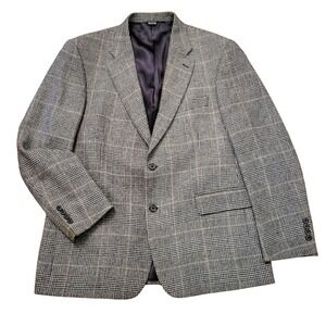 Bill Blass 44R Sport Coat Black White Glen Plaid Camel Hair Blazer Jacket Vtg